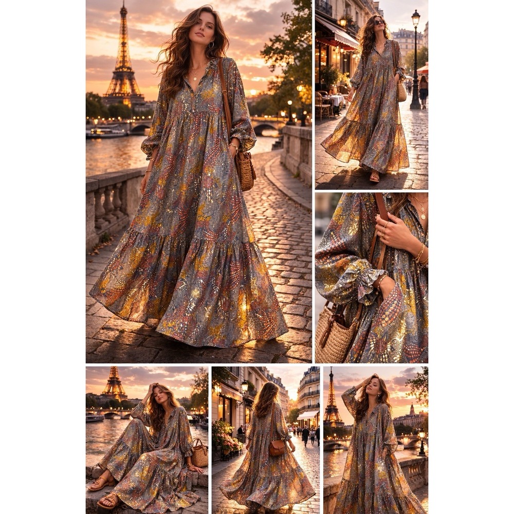 Paani Boho Metallic Abstract Print Tiered Maxi Dress  M Flowing Loose Fit Gold